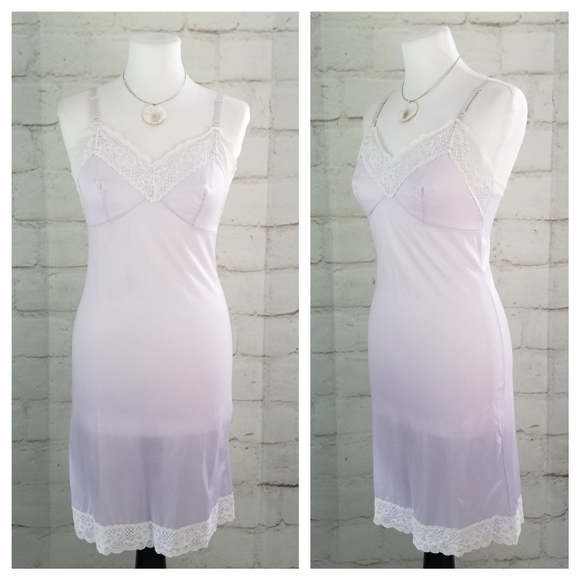 Vintage M 36 Light Lilac Purple White Lace Trim Chemise Shory Slip Nightie - Picture 2 of 9